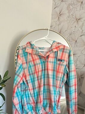 Columbia Coral, Teal & White Plaid Hooded Pullover
